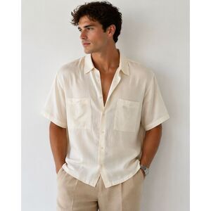 Oscar de la Renta Linen Blend Shirt XL Cream Short Sleeve Button Up Top